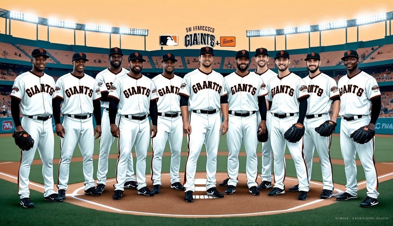 A group of San Francisco Giants players in their team uniforms standing together on the baseball field, with the stadium and fans in the background