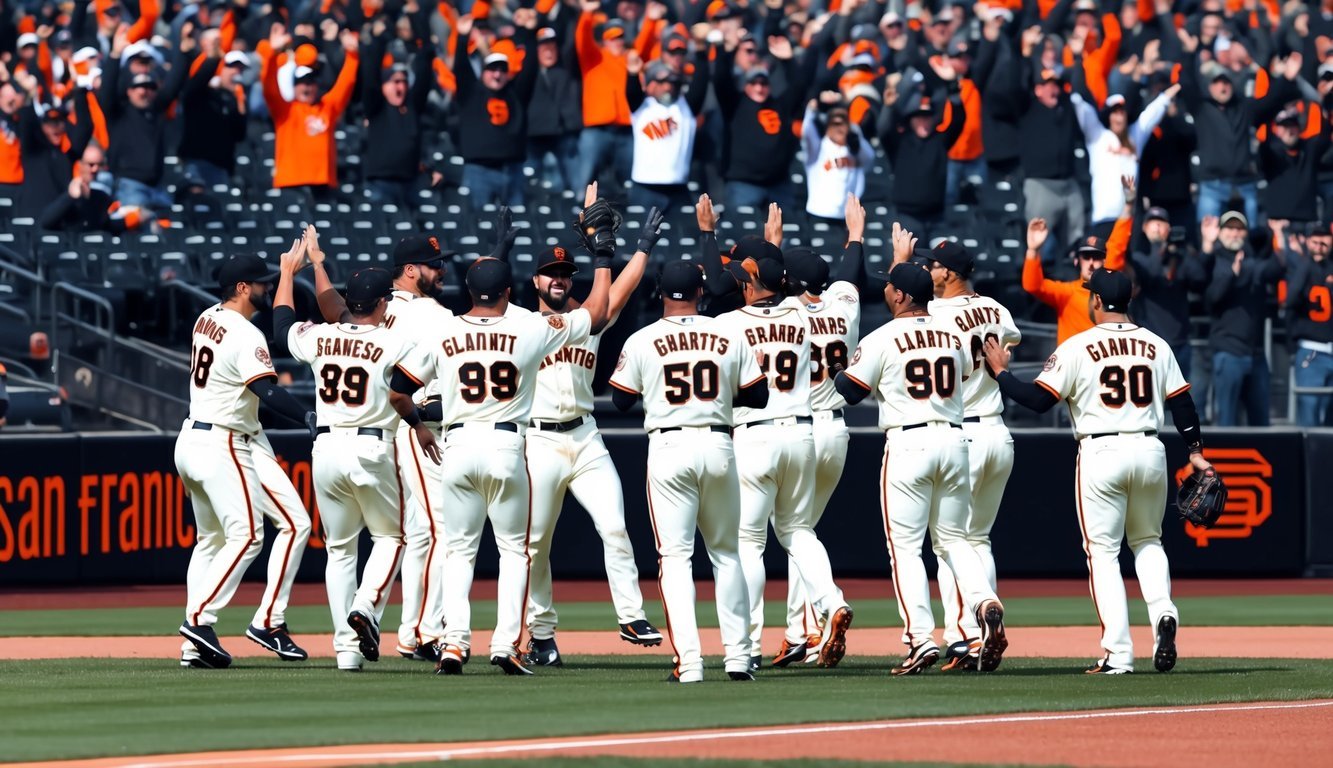 San Francisco Giants players celebrating on the field after a game, surrounded by cheering fans in the stands