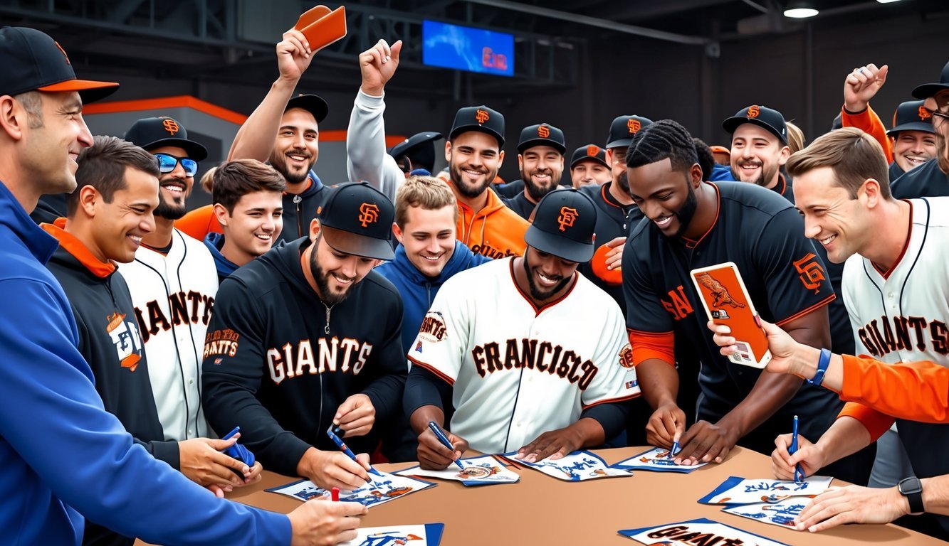 Fans cheer as San Francisco Giants players sign autographs and take photos with supporters at a meet and greet event