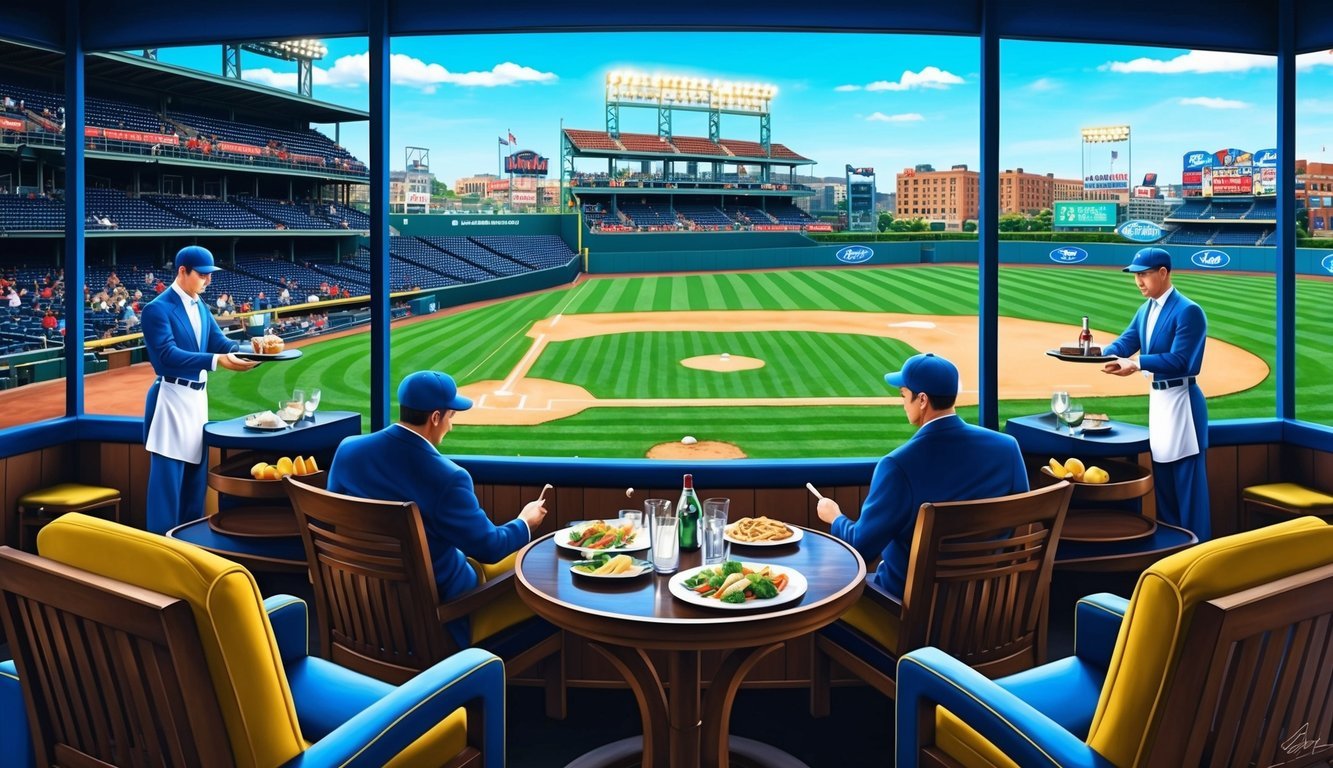 A luxurious box seating area at a baseball game, with comfortable chairs, a clear view of the field, and a private waitstaff serving food and drinks