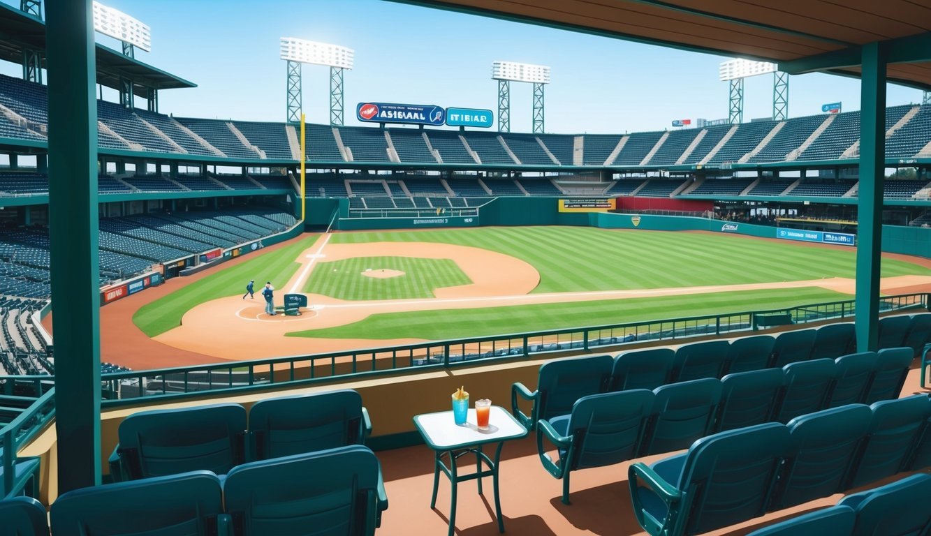 A sunny baseball stadium with a clear view of the field, comfortable padded seats, and a small table for food and drinks