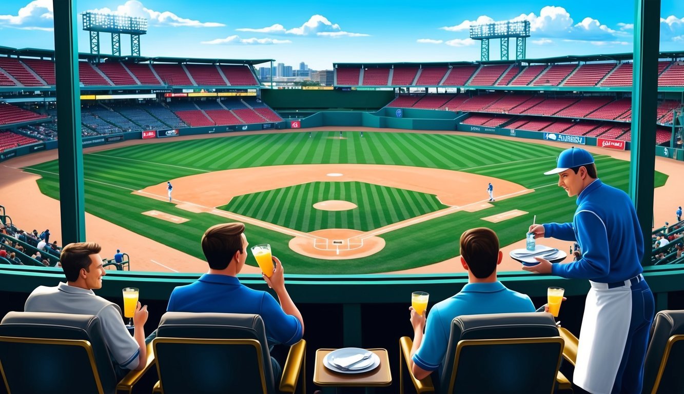 A sunny day at the baseball stadium, with a clear view of the field from the luxurious box seats.</p><p>A waiter serves drinks to the fans enjoying the game