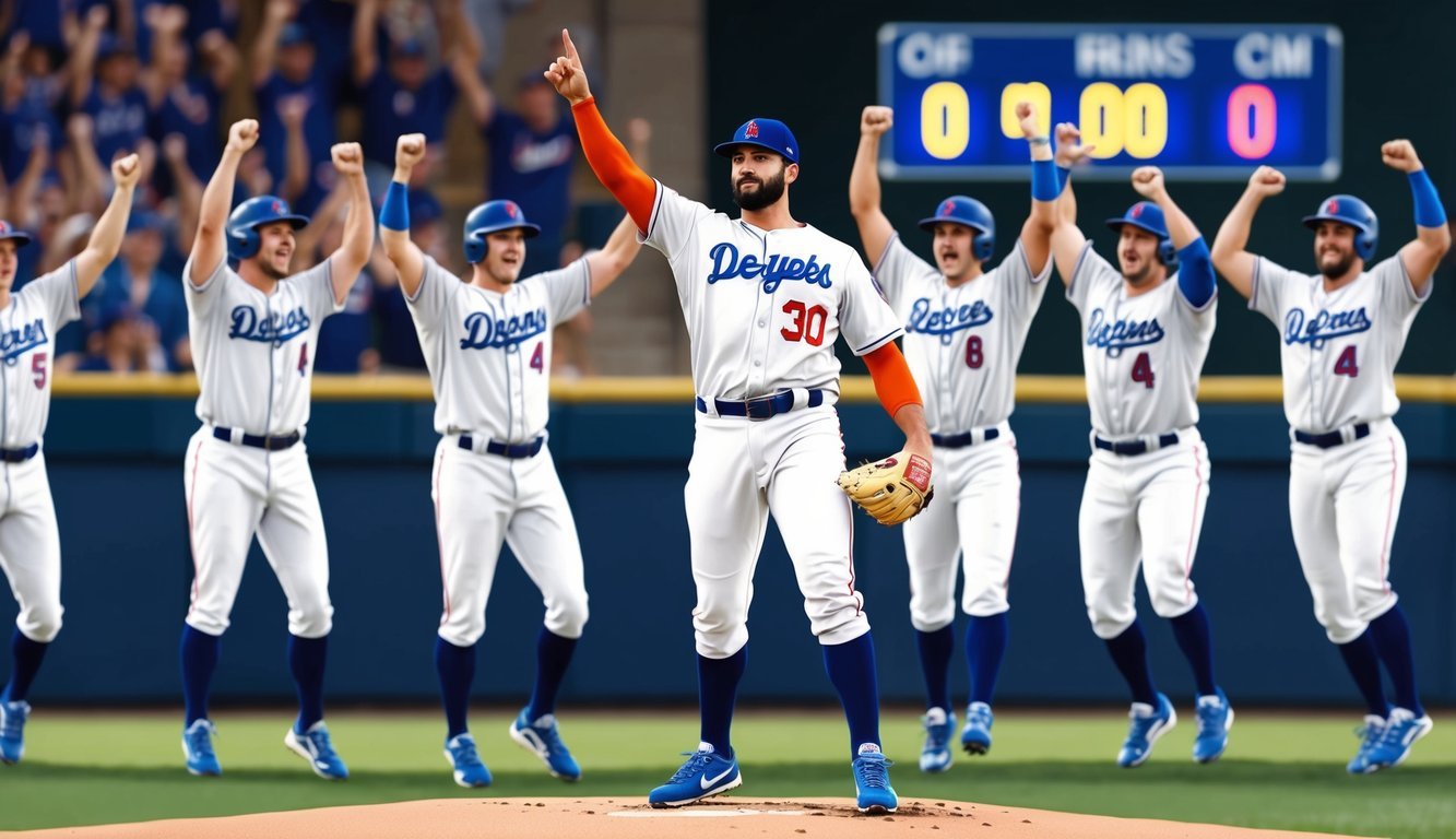 A pitcher standing on the mound, surrounded by cheering teammates, as the scoreboard displays a "0" in the opposing team's runs column