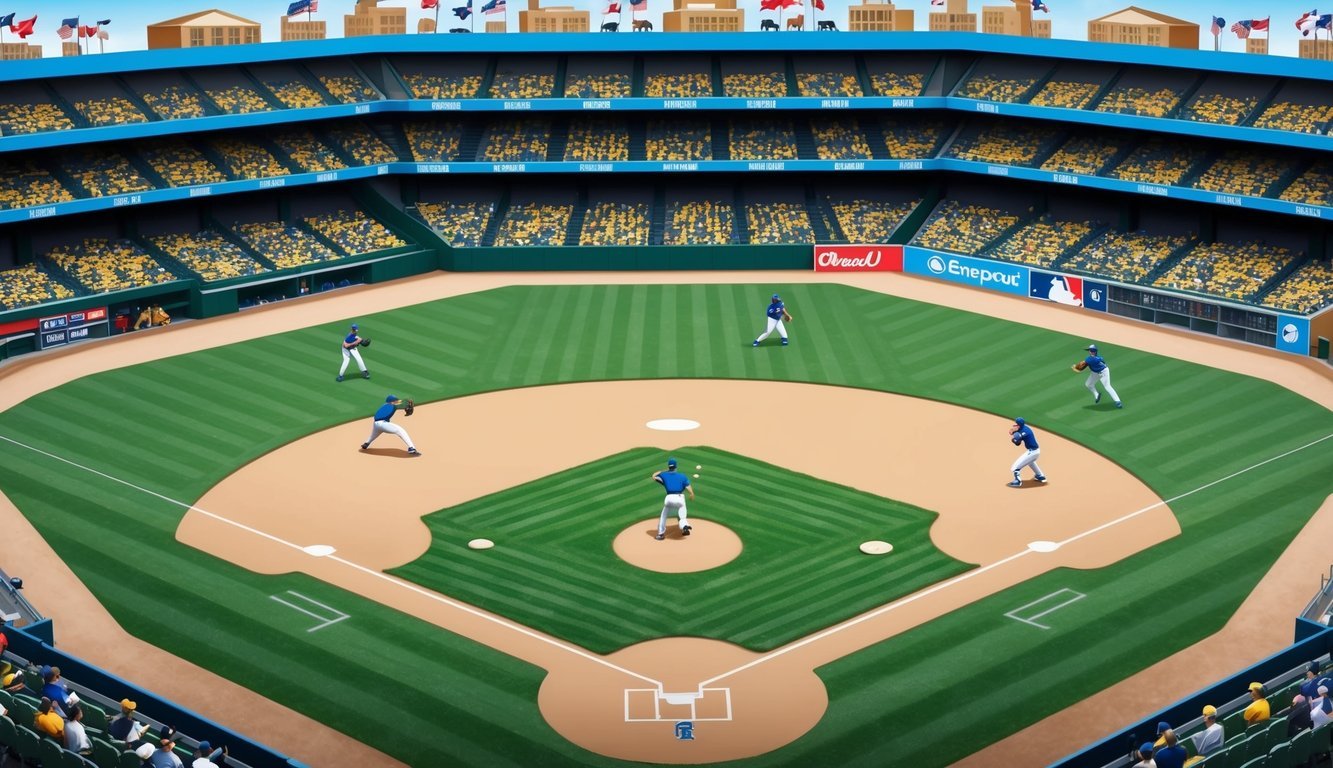 A baseball diamond with a pitcher on the mound, surrounded by fielders and a batter at home plate, with fans in the stands cheering