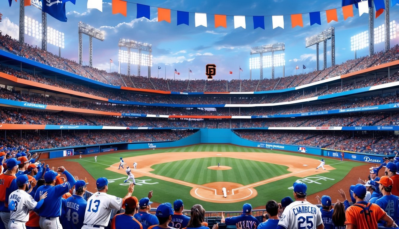 The Giants and Dodgers face off in a packed stadium, with fans cheering and colorful banners waving in the air