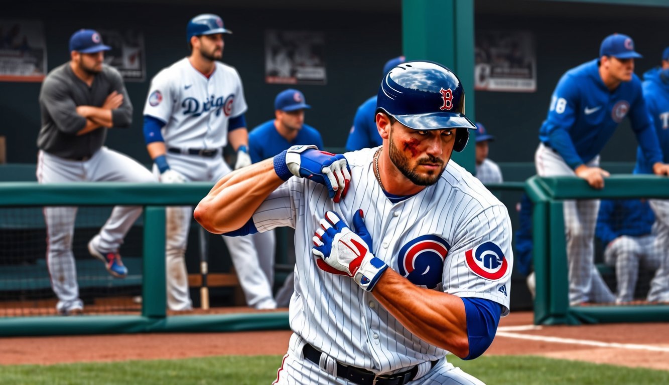 A baseball player clutching his injured shoulder, while another player looks on with concern from the dugout