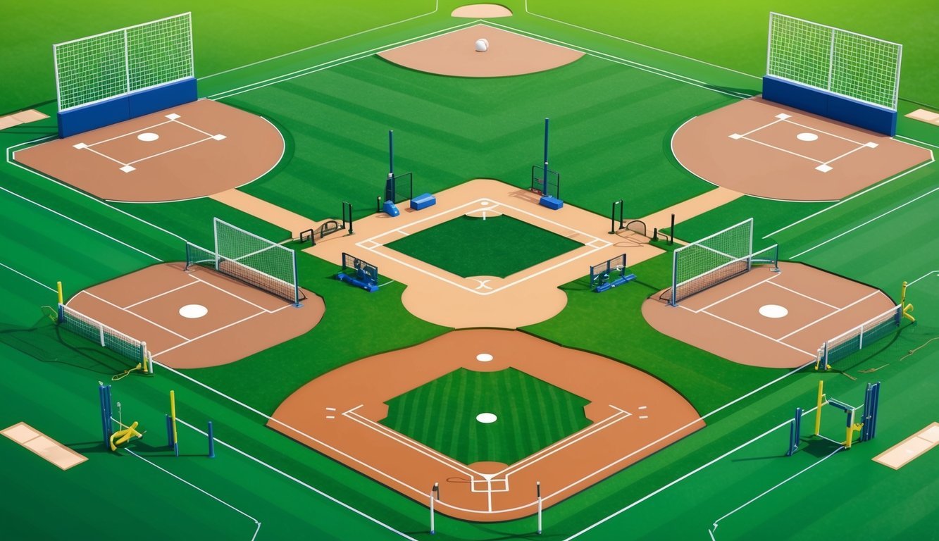 A baseball field with multiple challenges set up, including batting cages, pitching mounds, and agility drills