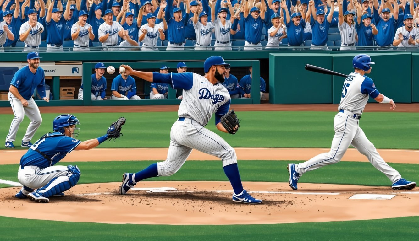 A pitcher on the mound, surrounded by cheering teammates, as the ball flies past a batter with a swing and a miss