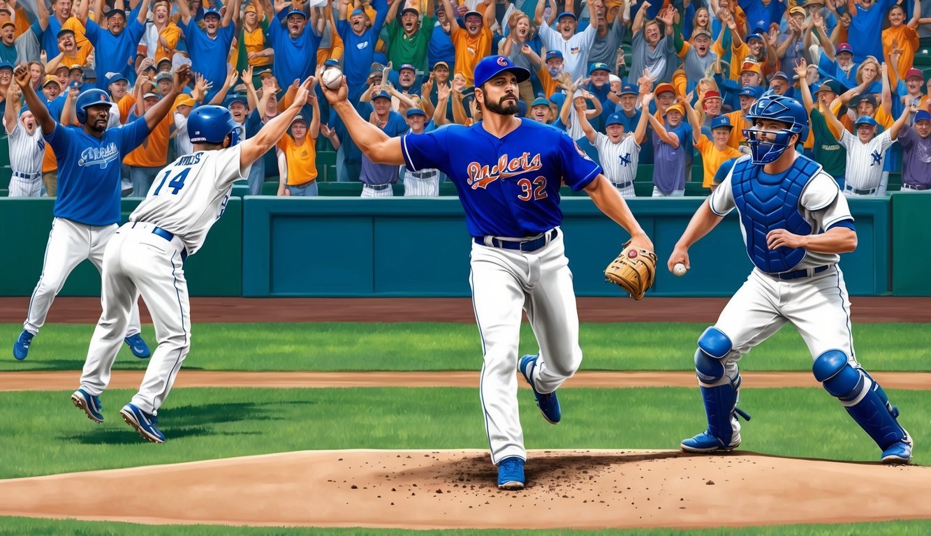 A pitcher on the mound, surrounded by a cheering crowd, as the ball flies past the batter, securing a no-hitter in a baseball game