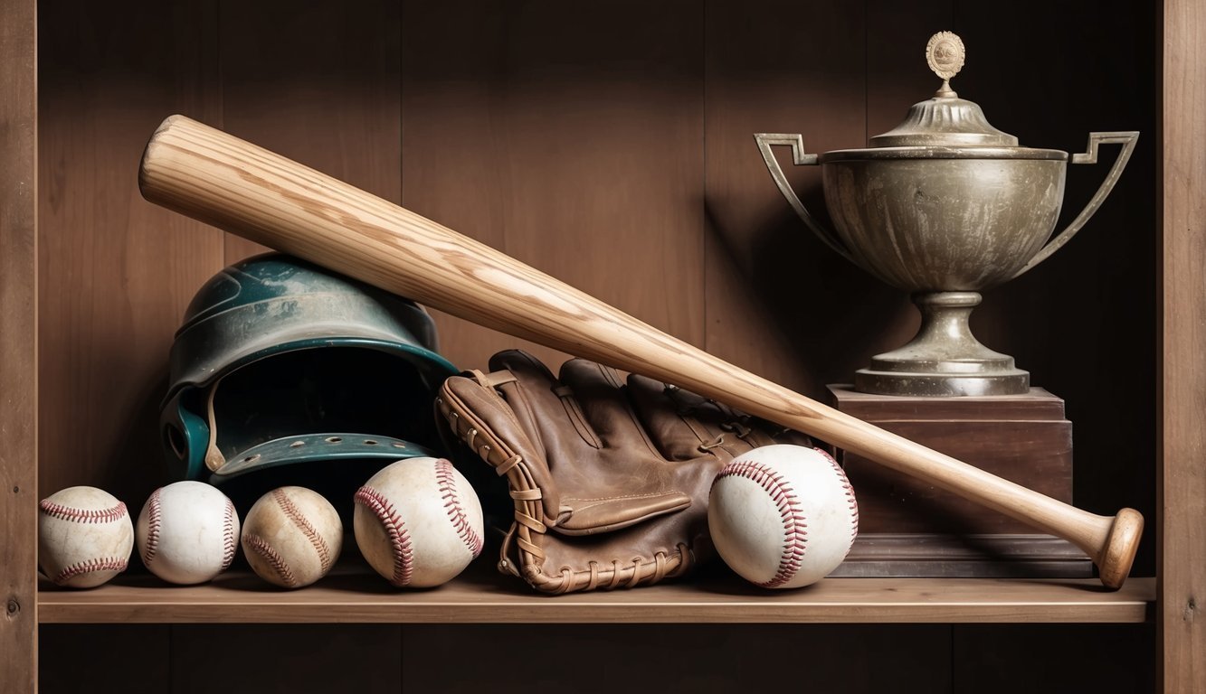 Baseball equipment on a shelf: bat, balls, glove, helmet, and trophy