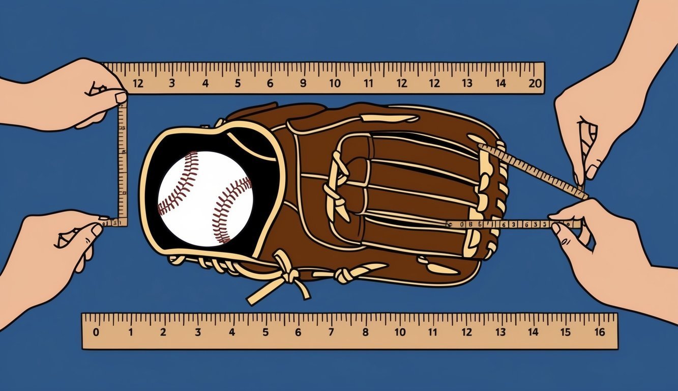 Baseball glove with ball being measured by rulers held by hands