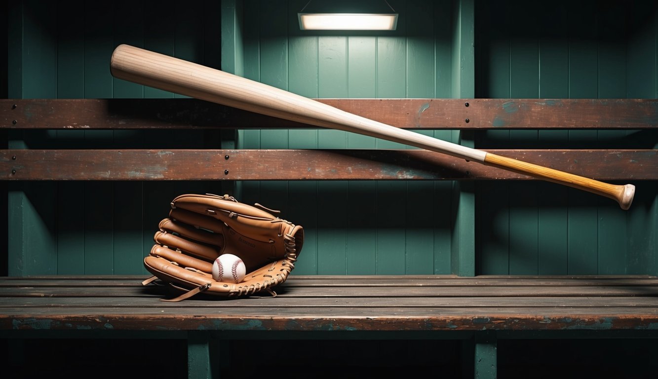 A baseball bat, glove, and ball arranged on a worn wooden bench in a dimly lit locker room