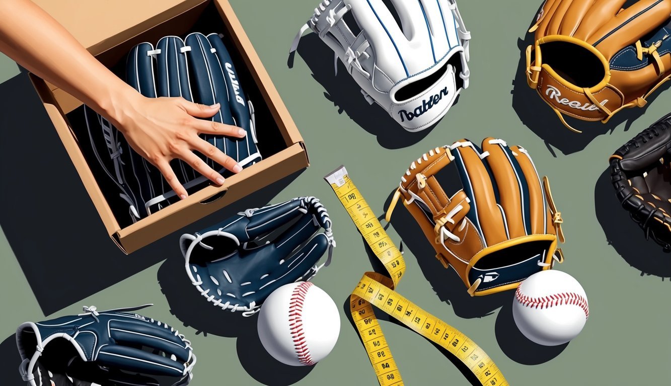 A hand reaching into a box of baseball gloves, a measuring tape wrapped around a glove, and various gloves laid out on a table for comparison