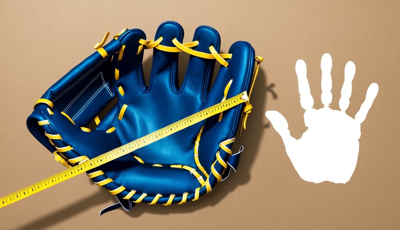 A baseball glove laid flat with a measuring tape stretched across the palm area.</p><p>A handprint outline is drawn next to the glove for reference