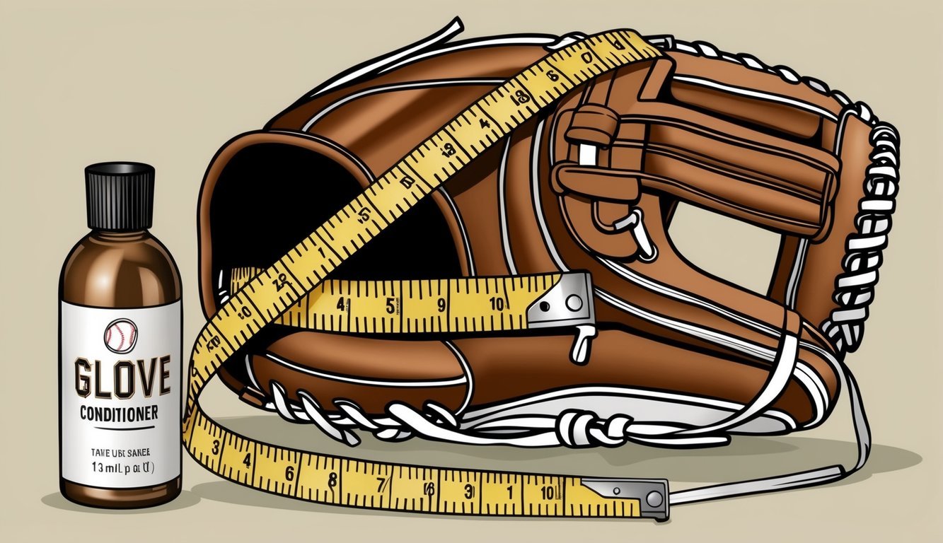 A tape measure wraps around a baseball glove, measuring the width and length.</p><p>A bottle of glove conditioner sits nearby, ready for use