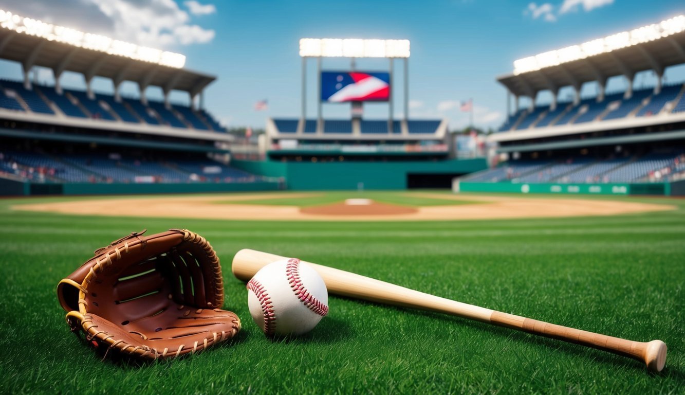 Baseball glove, bat, and ball on a baseball field with stadium in background