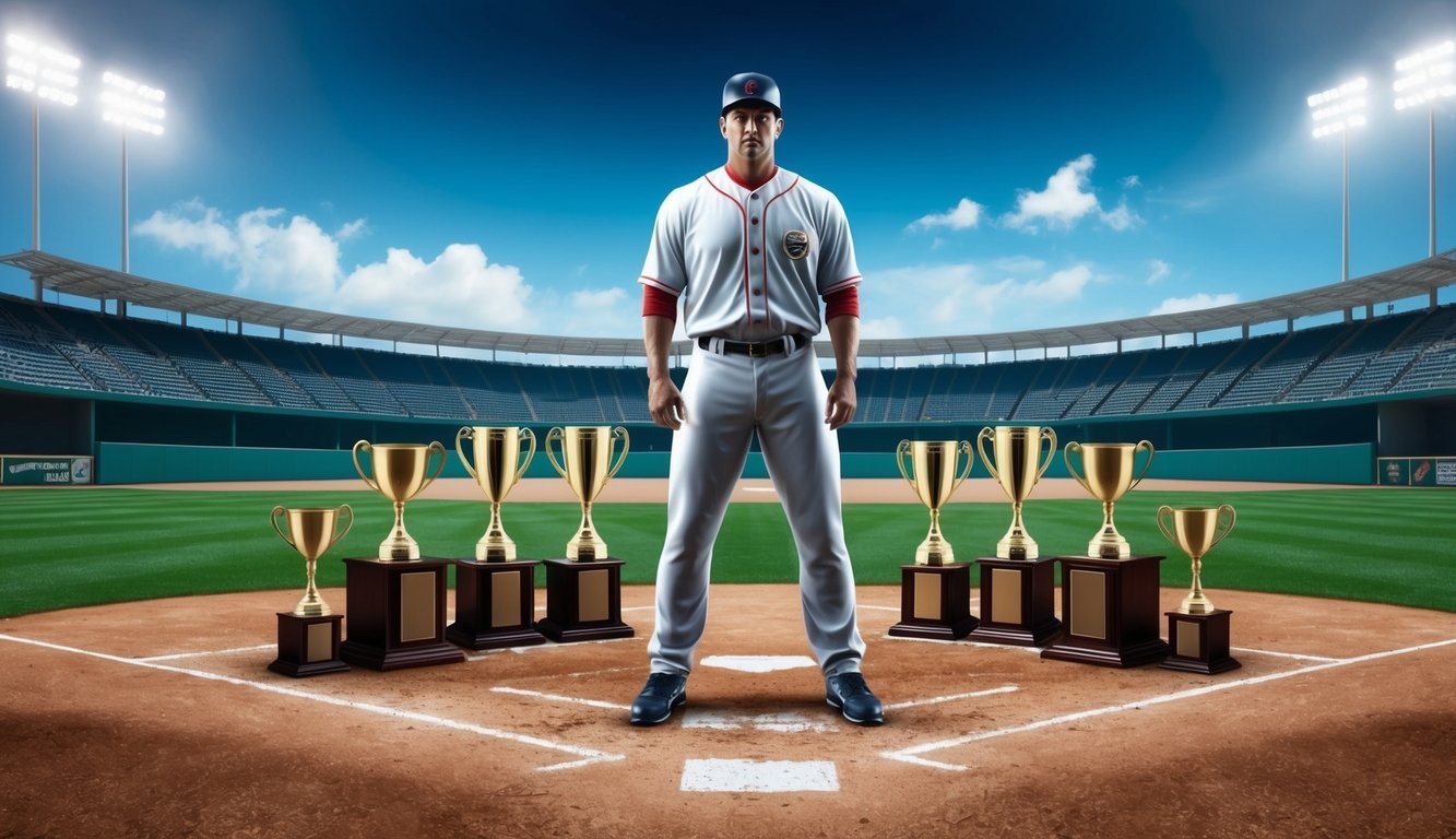 A baseball field with trophies and awards surrounding a prominent figure