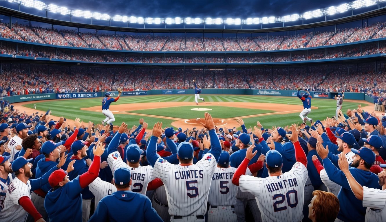 Baseball game with players, fans, and a packed stadium cheering