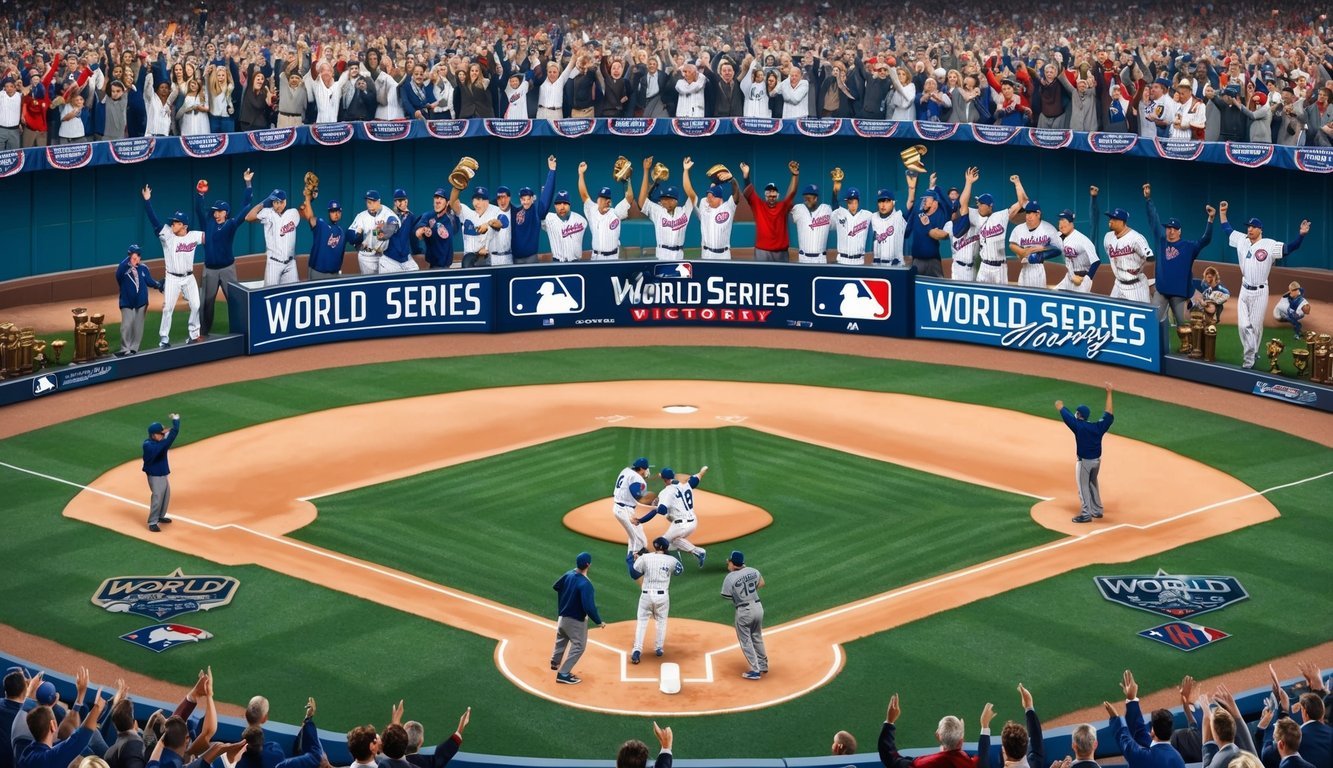 A baseball field with a crowd cheering as players celebrate their World Series victory, surrounded by banners and trophies