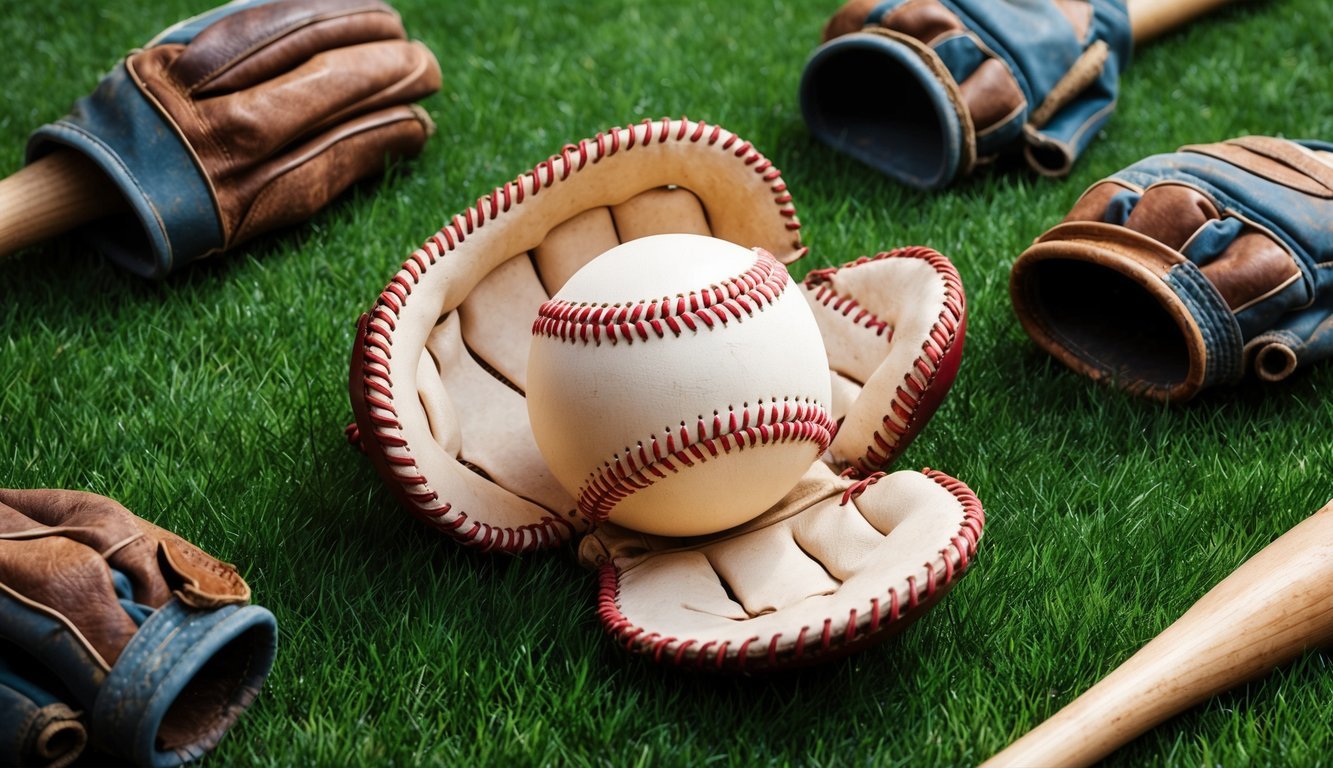 A baseball lying open on a grass field, surrounded by worn gloves and bats