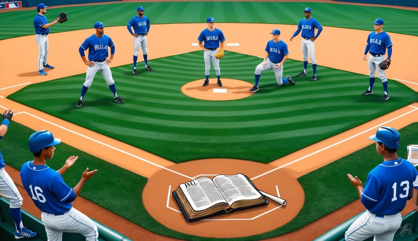 A baseball field with a bible placed on home plate, surrounded by players training and engaging in spiritual discussions