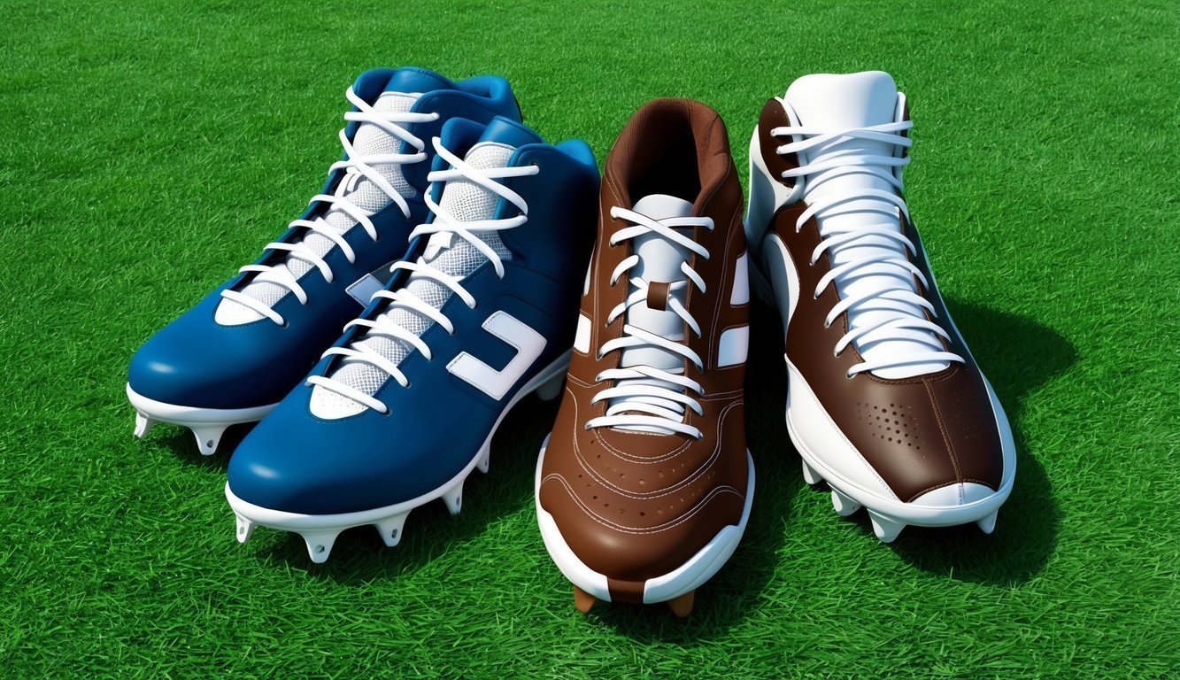 Four baseball cleats, blue and brown, on a green grass field