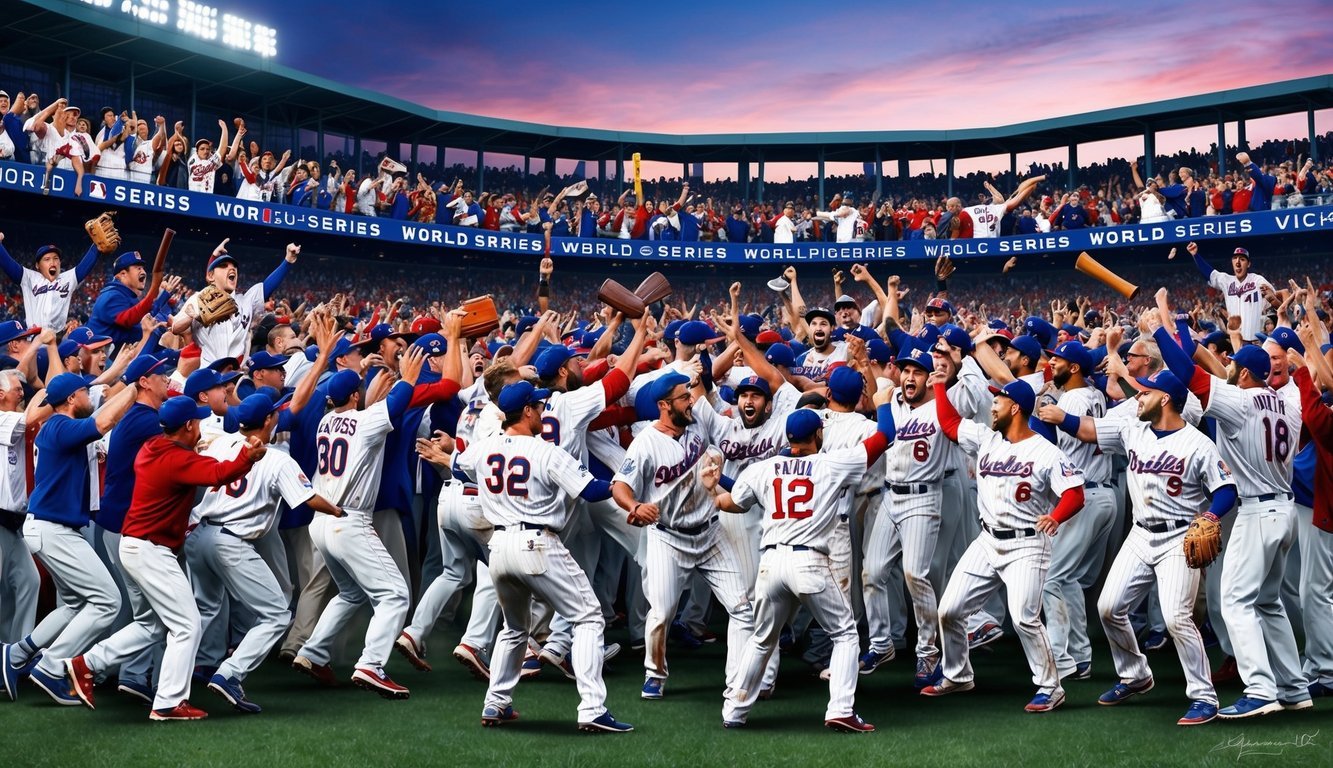 A baseball stadium packed with cheering fans as players celebrate a World Series victory