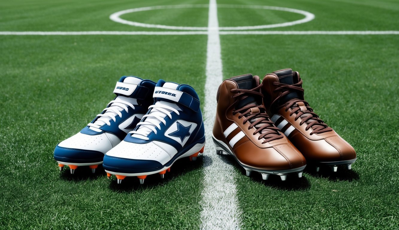 A pair of baseball cleats and football cleats side by side on a grassy field, each showing distinct features such as spikes and stud patterns