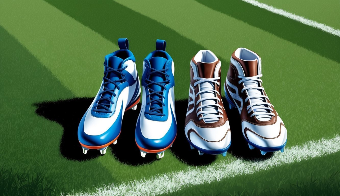 A pair of baseball cleats and football cleats side by side on a grassy field, showcasing their unique designs and features