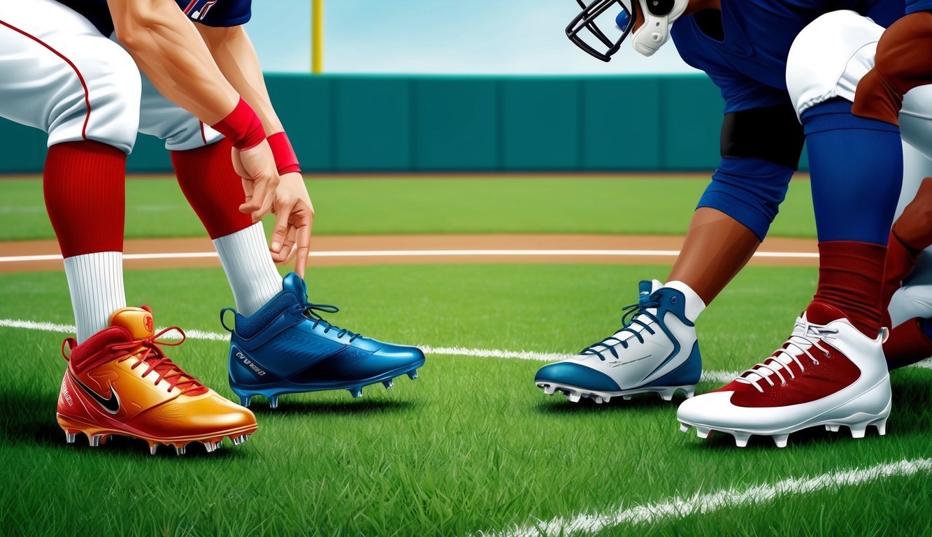 A baseball player and a football player comparing different types of cleats on a grassy field