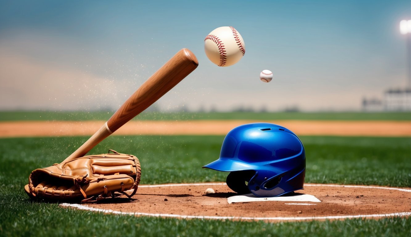 Baseball equipment on a field: bat, glove, helmet, and baseballs in motion