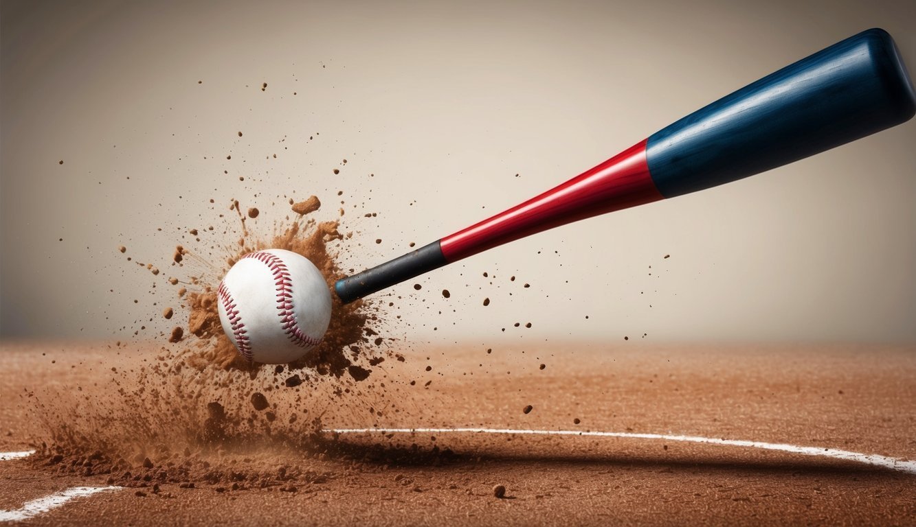 Baseball bat hitting a baseball, kicking up dirt on a baseball field