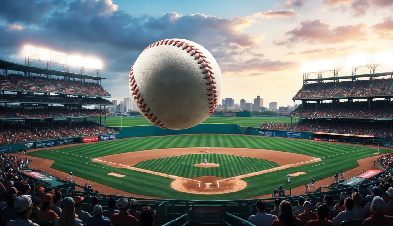 A baseball soaring over the outfield fence in a packed stadium