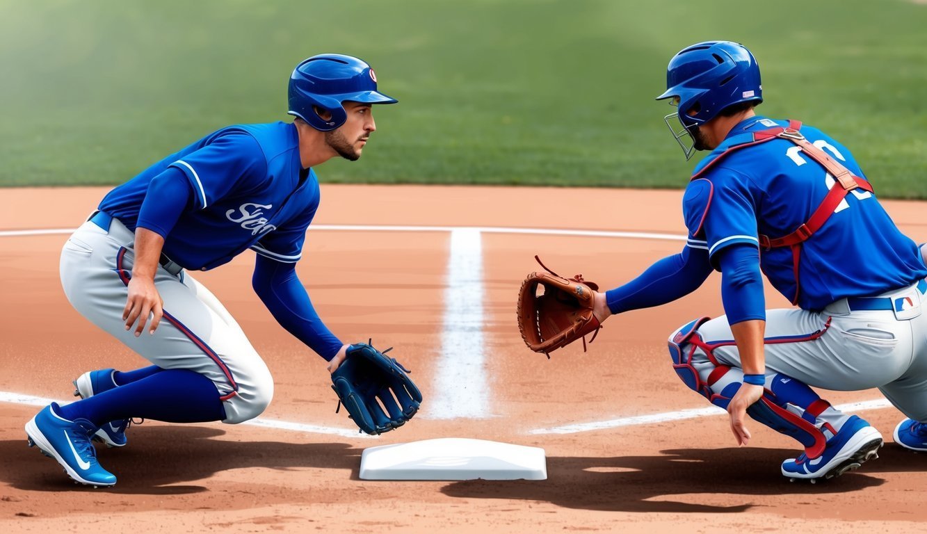 Two baseball players in blue uniforms, poised near home plate