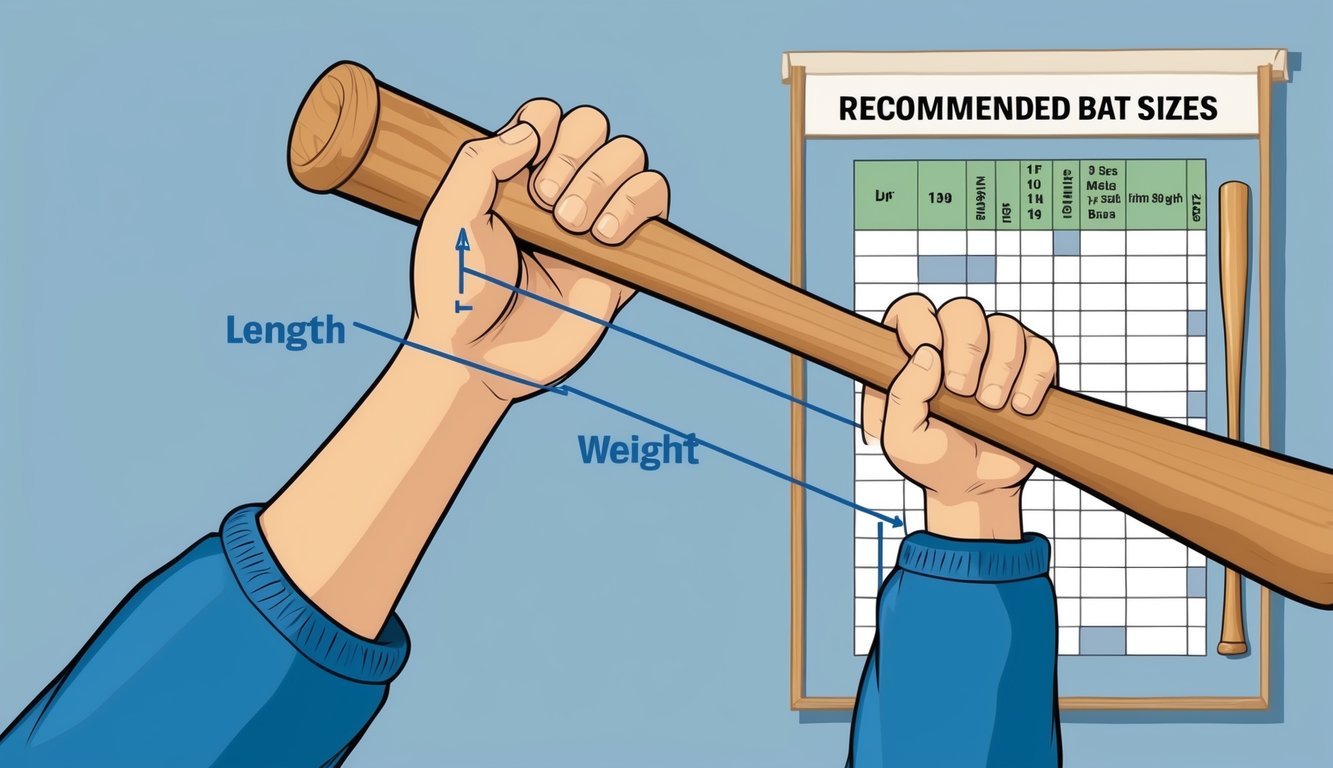 An 8-year-old's hands holding a wooden baseball bat, measuring its length and weight, with a chart showing recommended bat sizes nearby