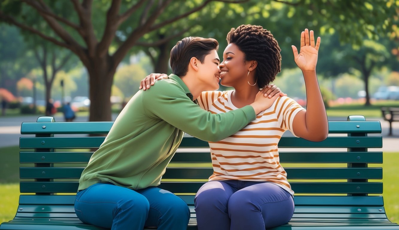 Two individuals sitting on a park bench, one leaning in for a hug while the other holds up a hand to respectfully maintain distance