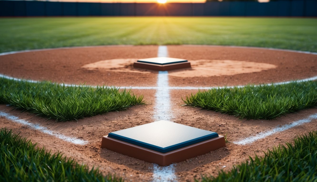 A baseball field at sunset, with the second base in focus and the surrounding grass and dirt, capturing the anticipation and energy of the game