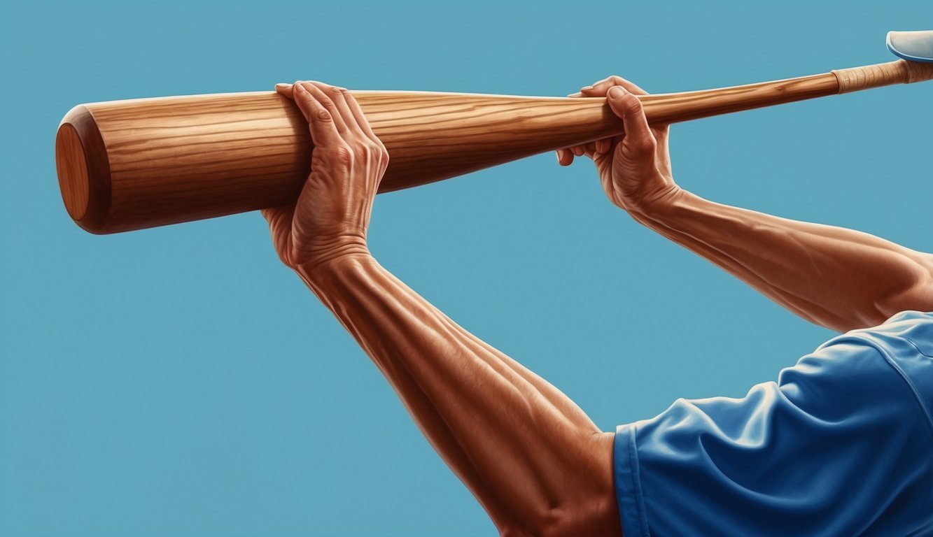 A baseball bat is held high, with hands gripping the handle near the top