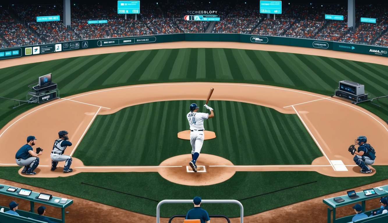 A baseball field with a player hitting a home run, surrounded by technology and analytics equipment capturing data