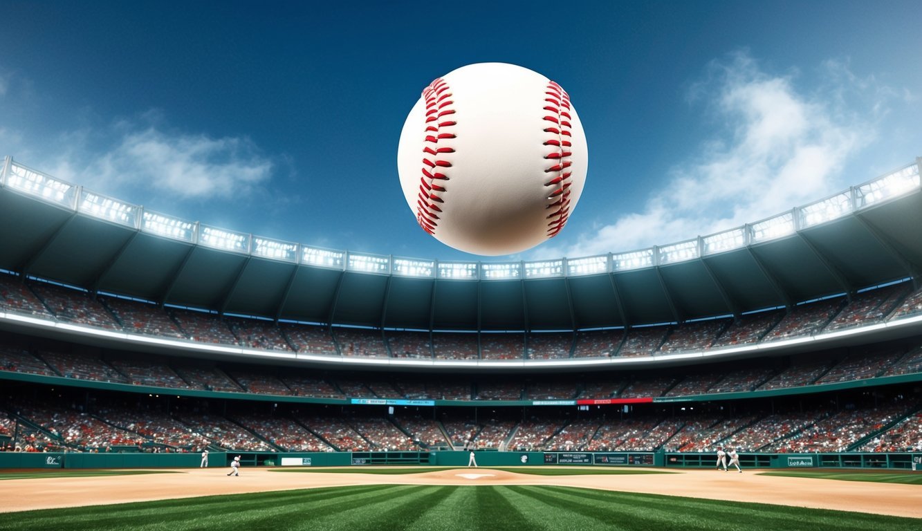 The baseball soars high above the packed stadium, the green field and clear sky creating the perfect conditions for a home run