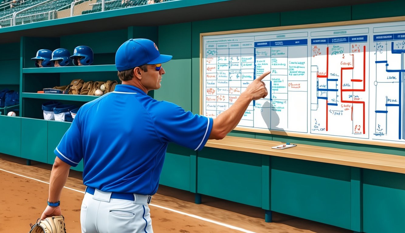 A baseball coach strategizing in a dugout, pointing to a whiteboard filled with diagrams and game plans