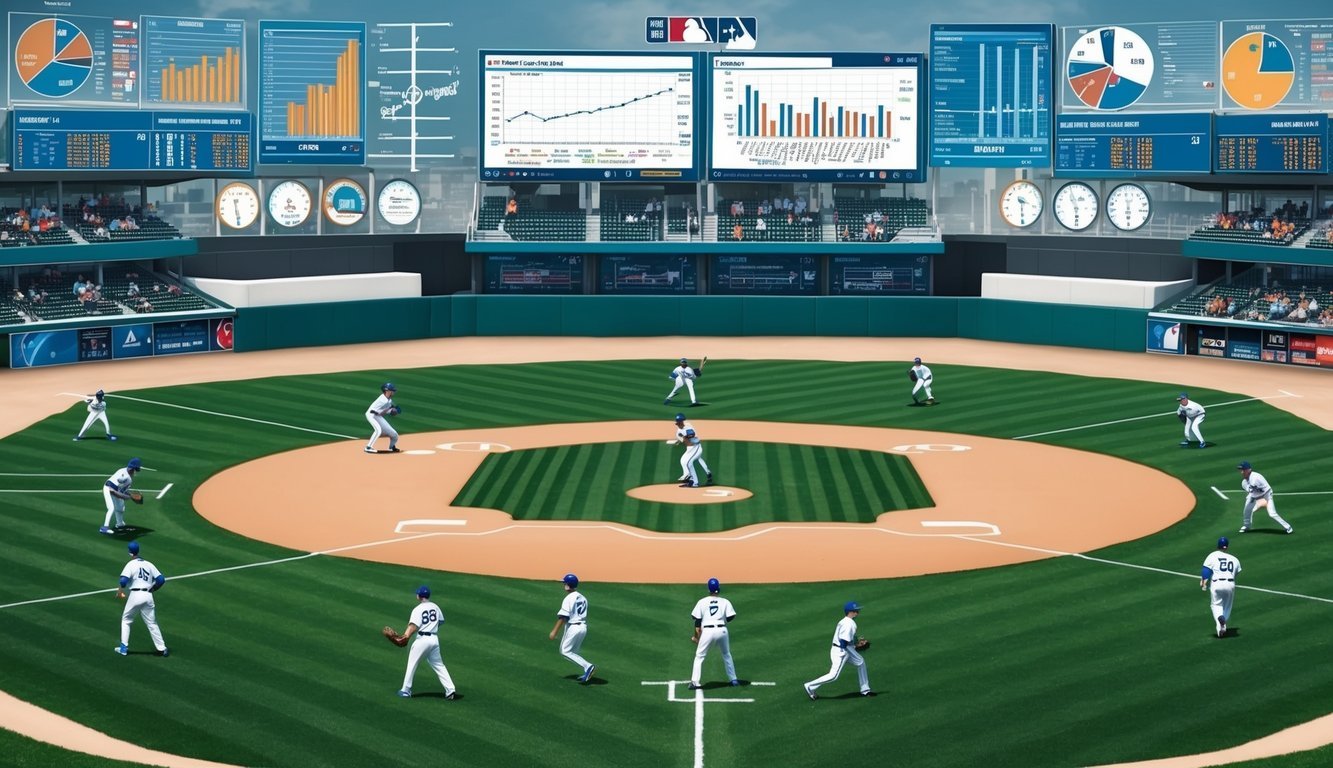 A baseball diamond with players in motion, surrounded by data charts and graphs, as coaches analyze statistics on a digital screen