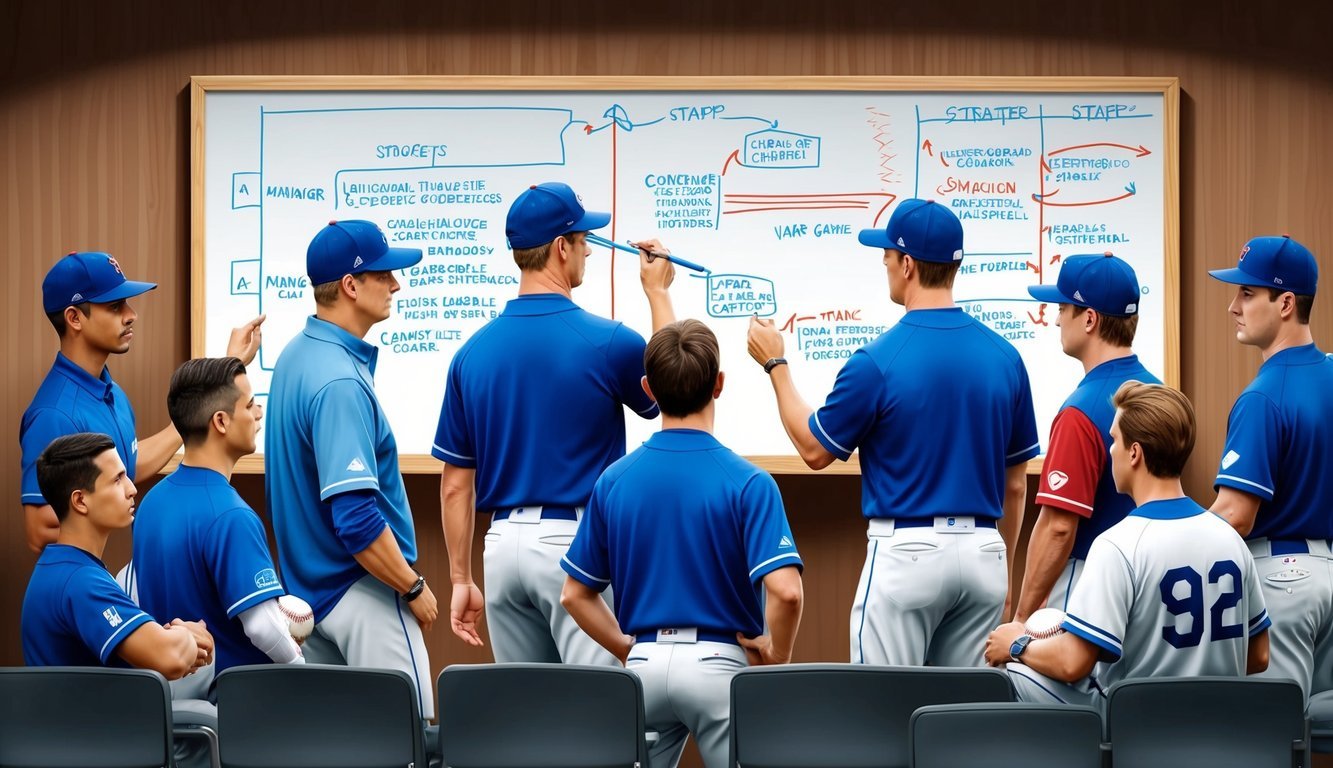 A manager and coaching staff gather around a whiteboard, discussing and mapping out baseball strategies for the upcoming game