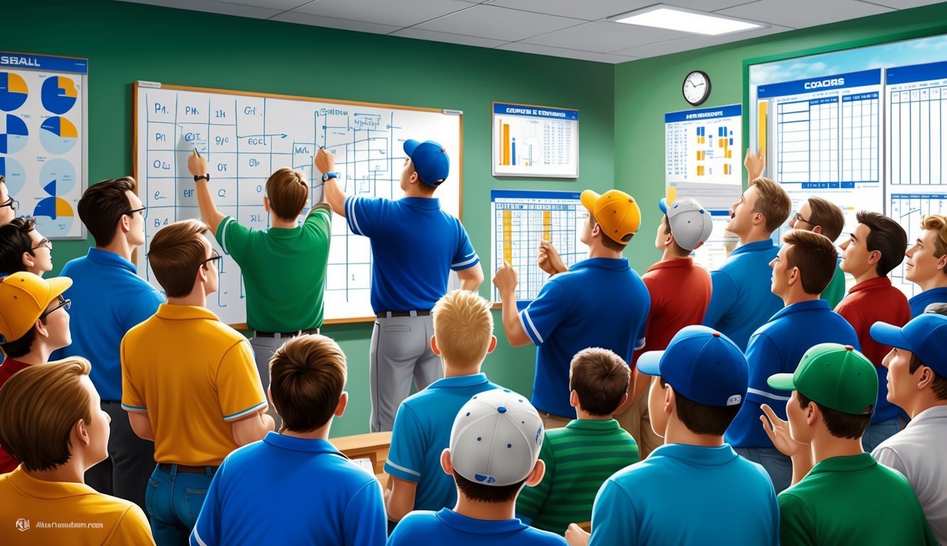 Fans eagerly watch as coaches strategize baseball plays on a whiteboard, surrounded by charts and diagrams.</p><p>The room buzzes with excitement and anticipation