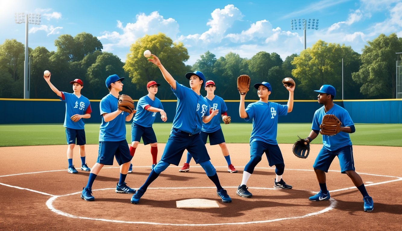 A group of young athletes practice throwing and catching techniques on a sunny baseball field