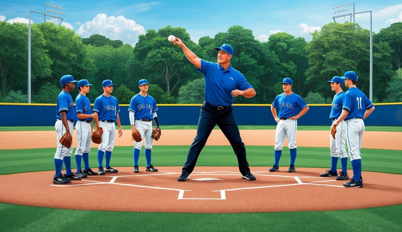 Baseball coach throwing a ball to a team of players on the field