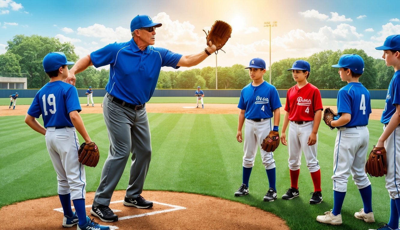 A baseball coach demonstrates proper pitching technique to a group of young players on a sunny field