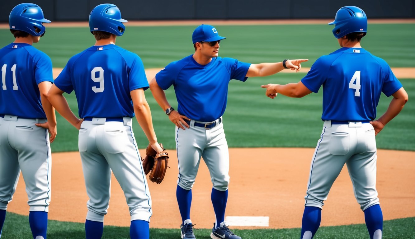 A baseball coach strategizes with players on the field, pointing and gesturing to demonstrate game adjustments