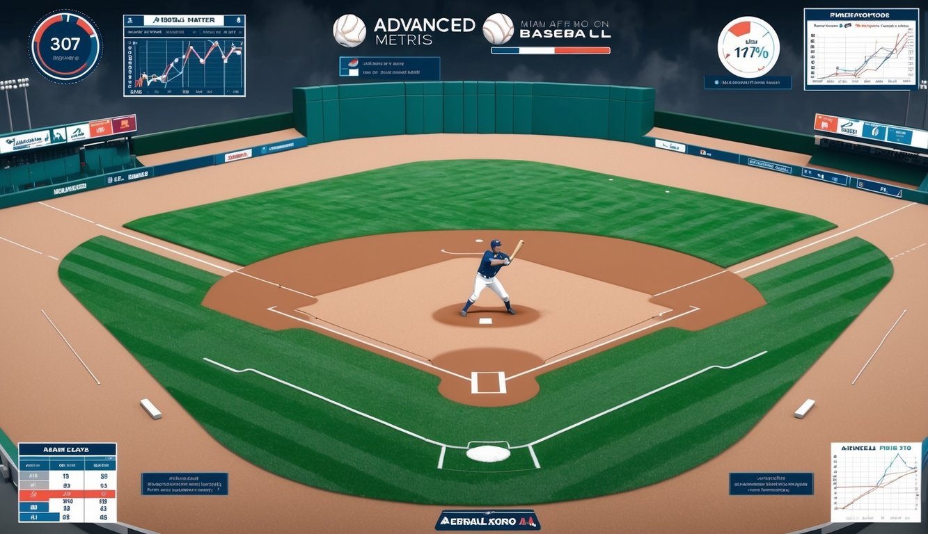 A baseball field with a player at bat, surrounded by graphs and charts showing advanced metrics