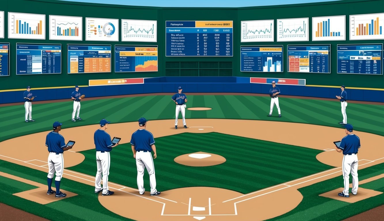 A baseball field with players and coaches analyzing data on large screens, while graphs and charts are displayed on the walls